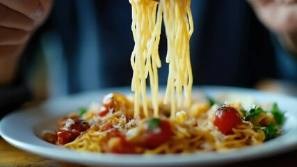 Poster - A portion of spaghetti served with a fork on a plate, perfect for a meal or food photography