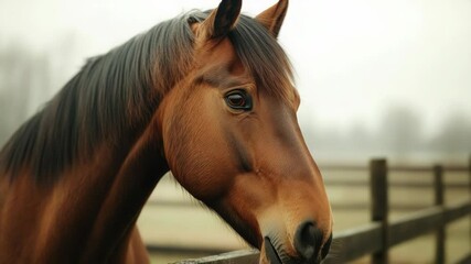 Poster - A brown horse stands next to a wooden fence in a rural setting