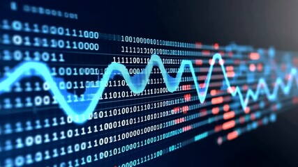 Digital display showing binary code and a blue wave pattern on a dark blue background, symbolizing data analysis and tech trends