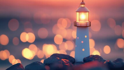 Poster - A small lighthouse standing on a rocky coast, perfect for use in coastal scenes or as a symbol of guidance