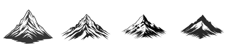 Poster - Mountain icons in line art style featuring various peaks with distinct shapes and textures, perfect for design elements or graphic projects