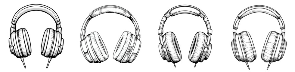 Poster - Stylish line art depicting four different headphone designs isolated on a white background
