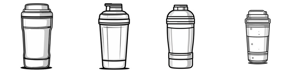 Poster - Variety of beverage shaker icons in line art style, showcasing different shapes and sizes for diverse drink preparations