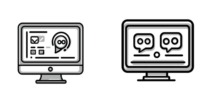 Line icons of computer screens displaying messages and notifications with chat features isolated on a white background