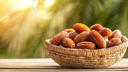 Aufkleber - A basket filled with fresh dates on a wooden table, ideal for events or everyday use