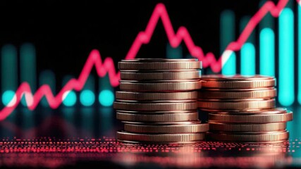 Poster - Stacked Coins with Financial Graph in Background, Symbolizing Investment Growth and Economic Trends