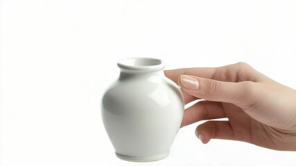 Poster - A person's hand holding a small white vase on a white surface, possibly for decoration or display