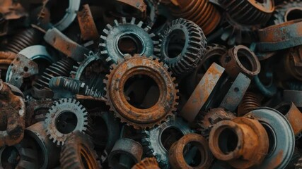 Poster - close-up view of various industrial gears and mechanical parts in a tangle of rusty equipment