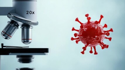 Poster - close-up of a microscope with virus visualization against a blue background, science and technology 