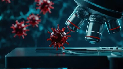 Poster - close-up of microscope focusing on virus cells with abstract background and scientific setting in la