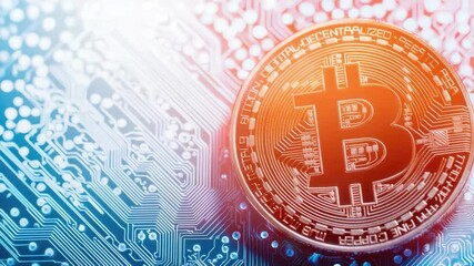 Poster - Digital Bitcoin Symbol on Circuit Board Background Representing Cryptocurrency Technology and Innovation