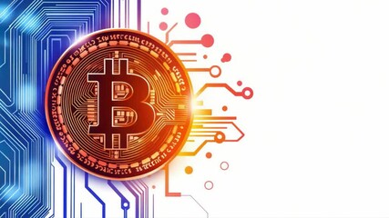 Poster - Abstract digital illustration of Bitcoin symbol with circuit patterns and glowing elements on a colorful background