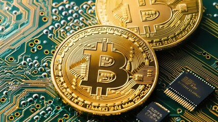Poster - Golden Bitcoin Coins on Green Circuit Board Representing Digital Currency Technology and Financial Innovations