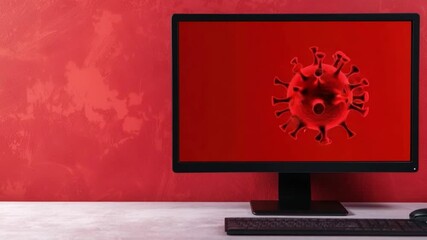 Poster - Red Virus Model Displayed on Computer Monitor with Abstract Background in a Modern Office Setting