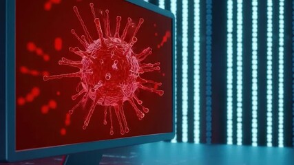 Poster - Computer Screen Displaying 3D Render of Virus with Red Color on Digital Background in a Modern Environment