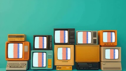 Poster - Retro Collection of Vintage Computers and Monitors Stacked Against a Bright Colored Wall