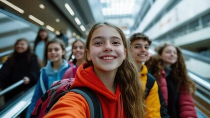 Aufkleber - A group of young people ride an escalator in a modern setting