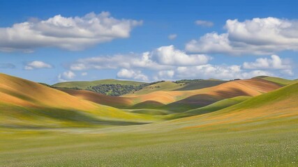 Poster - Green and yellow hills under a clear blue sky, great for nature or landscape photography