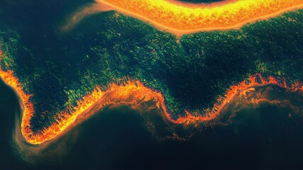 Poster - Aerial perspective of a river flowing through a dense forest, suitable for environmental or travel-themed projects