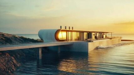 Poster - A single-story house perched on the edge of a rocky cliff overlooking the ocean, with lush greenery and a scenic view