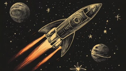 Poster - A rocket soars through the vastness of space, with stars and planets in the background