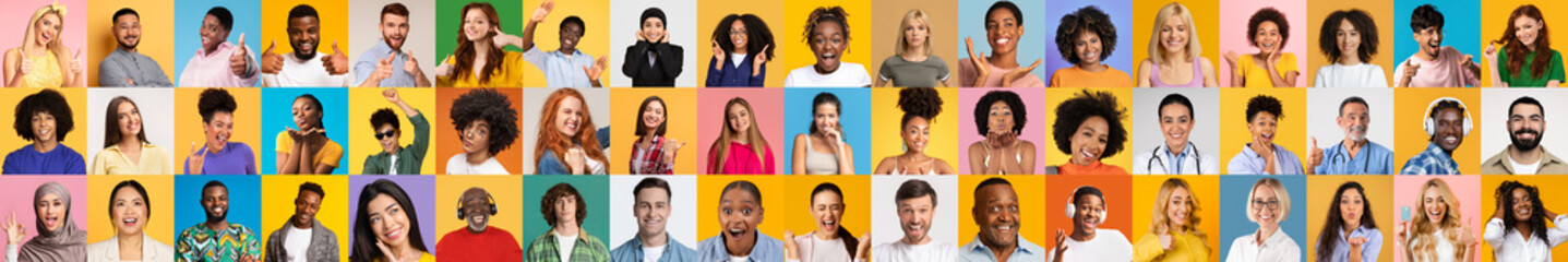 Poster - A lively collection features a diverse group of individuals, showcasing smiles and joyful expressions. Each person represents various backgrounds against colorful, isolated backdrops.