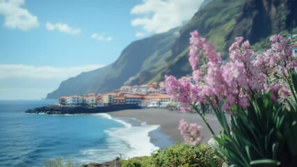 Poster - A group of vibrant purple flowers sit atop a lush green hillside, surrounded by natural beauty