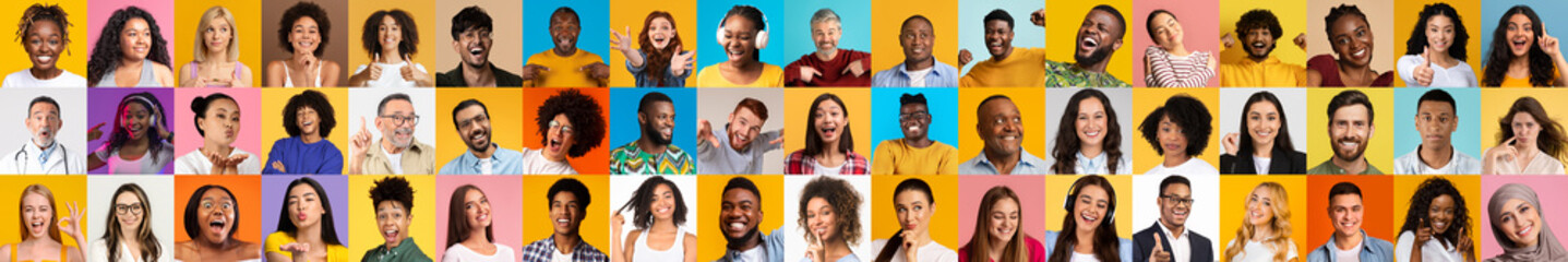 Poster - A colorful collage features joyful faces of diverse individuals expressing happiness. Multiethnic and multiracial people from various backgrounds are captured in lively portraits against bright hues.