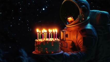 Poster - An astronaut celebrates a birthday in space with a lit candle cake