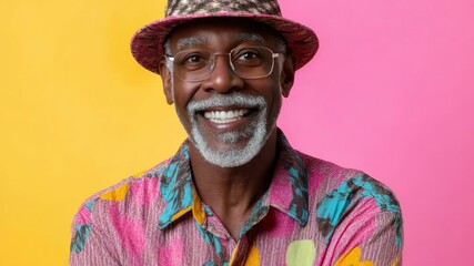 Poster - A person with a hat and glasses smiles, possibly indicating happiness or friendliness