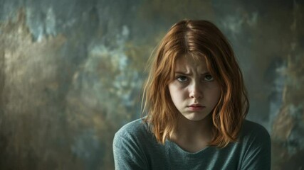 Poster - A woman with bright red hair wearing a gray shirt