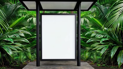 Fototapete - Billboard in Lush Foliage: A blank billboard stands within a vibrant green foliage, presenting an opportunity for advertisements or announcements, blending seamlessly with its natural surrounding. 