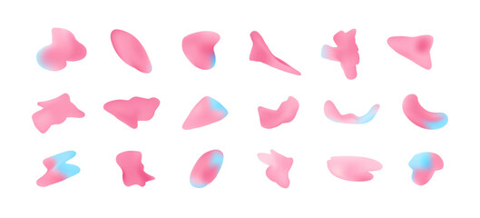 Wall Mural - Trendy set of fluid light turquoise blue and coral pink mesh gradient organic shapes. Abstract cute bubble gum candy colour liquid digital watercolor stain for business design, banner, ui app