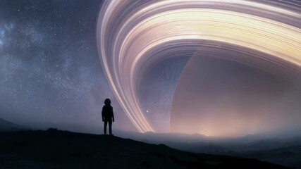 Wall Mural - solitary astronaut standing on barren planetary surface, silhouetted against massive ringed planet a