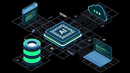 Fototapete - Isometric artificial intelligence chip animation. Artificial Intelligence server. Futuristic microchip processor. Isometric cloud computing. Transparent background with alpha channel