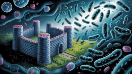 Poster - Immune system, represented by a fortress, is defending against a swarm of attacking bacteria, symbolizing the body's fight against infection