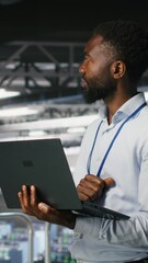 Poster - vertical video data center engineering team on industrial platform collaborating to maintain blade s