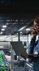 Poster - vertical video system administrators on data center industrial platform analyzing performance output