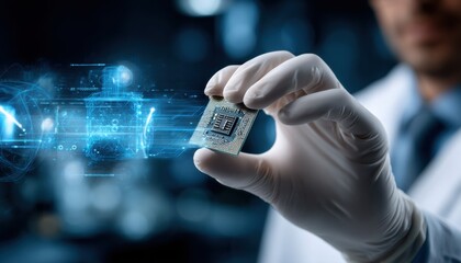 Poster - A man is holding a computer chip in his gloved hand
