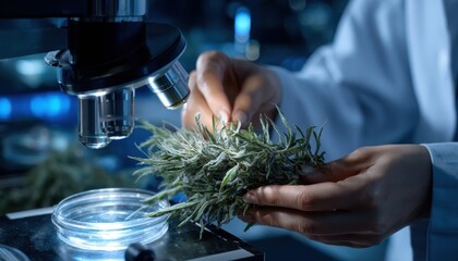 Poster - A person is holding a plant under a microscope