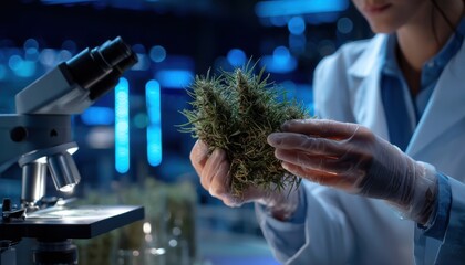Poster - A woman in a lab coat is holding a plant under a microscope