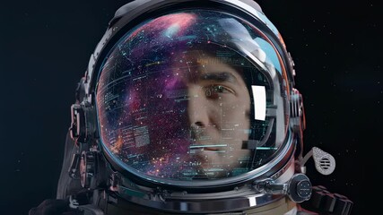 Poster - Close up of astronaut's face reflected in spacesuit helmet visor, showing nebula and holographic data, suggesting space exploration and advanced technology