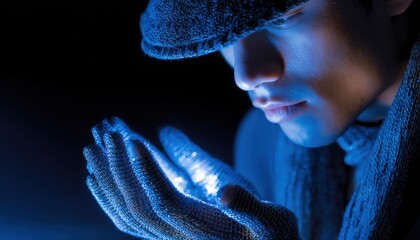 Poster - A man wearing a blue hat and scarf is holding his hands up to his face