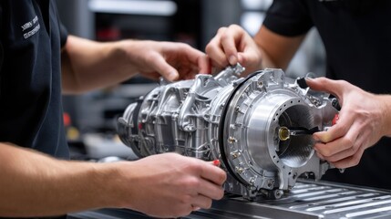 Poster - Two men are working on a car engine