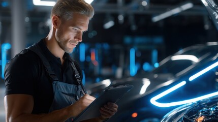 Poster - A man is looking at a car with a clipboard in his hand