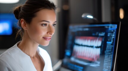 Aufkleber - A woman is looking at a computer screen with a picture of teeth on it