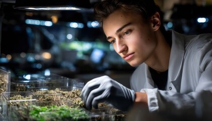 Aufkleber - A man in a lab coat is looking at plants in a lab