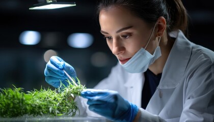 Poster - A woman in a lab coat is wearing a mask and gloves while cutting a plant