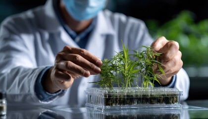 Poster - A man in a lab coat is holding a plant in a tray