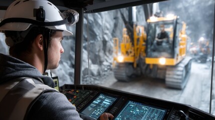 Poster - A man in a helmet is operating a machine in a tunnel